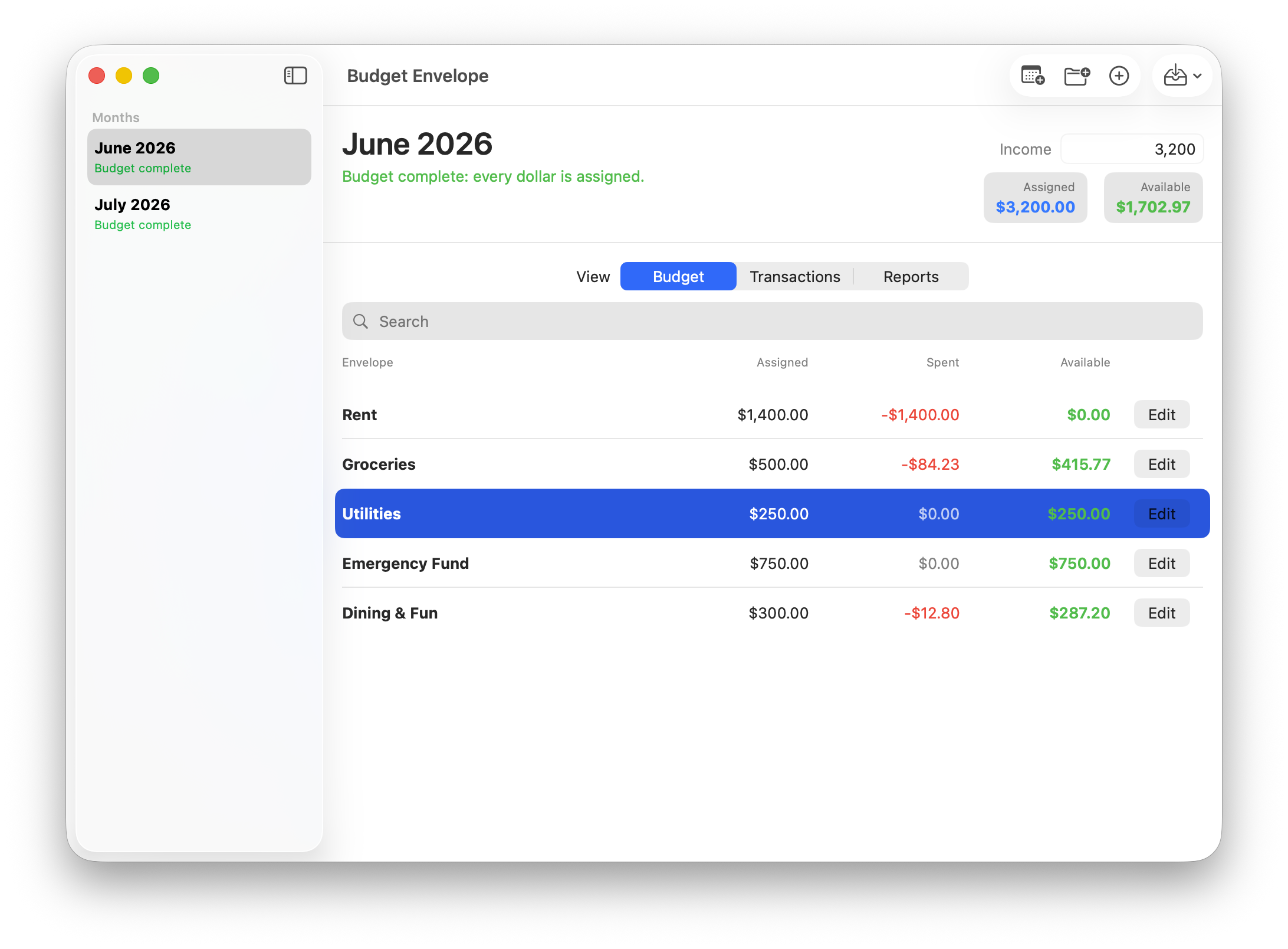 Envelope Budgeting App example.